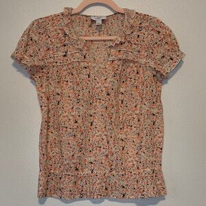 LOFT Peach and Cream Floral Ruffle Short-Sleeve Blouse